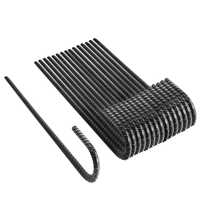 NHZ 12â€ Ground Rebar Stakes (16pcs) Heavy Duty J Hook Ground Anchors, Curved Steel Plant Support Garden Stake with Chisel Point end, Hammer for Camping Tent - Black Powder Coated - Image 1